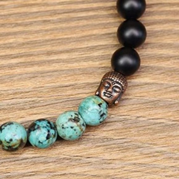 10mm African Turquoise Matte Black Onyx Buddha Head Stone Bead Stretch Bracelet - Picture 6 of 9